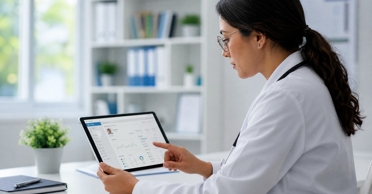 Doctor reviewing medical software on tablet: software as a medical aid in the GKV directory