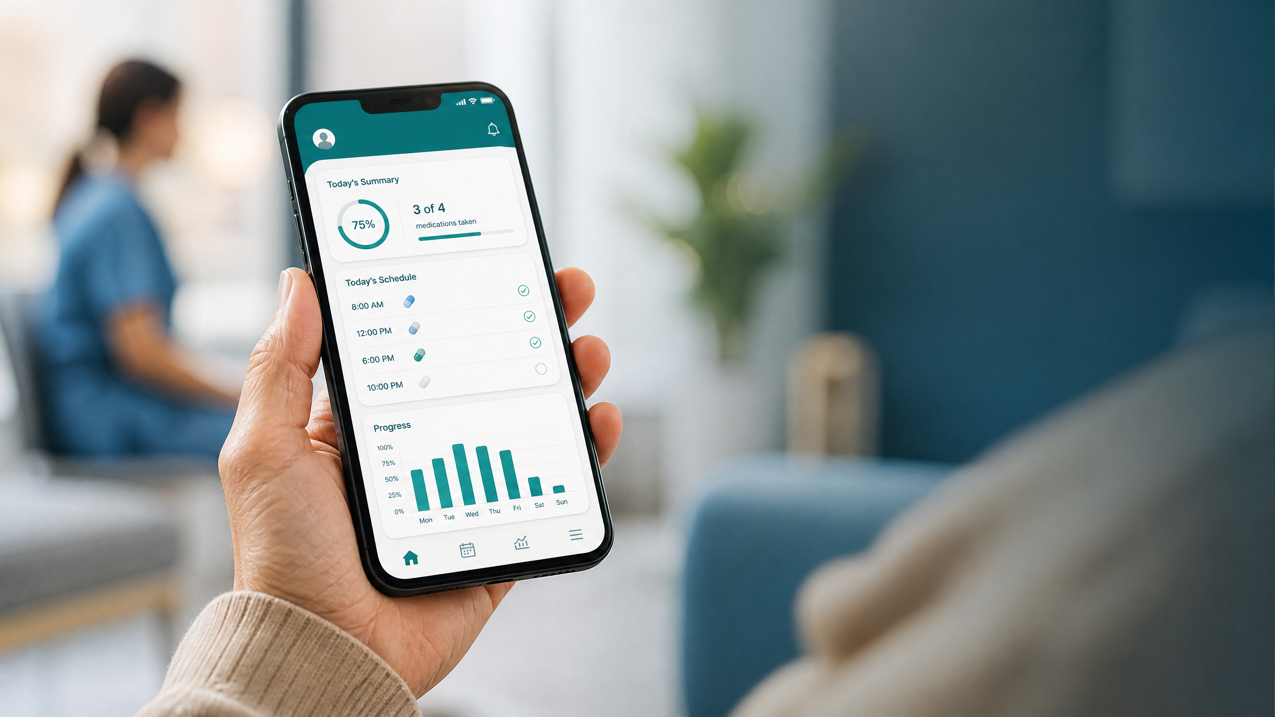Patient holding smartphone with medication adherence app in clinical setting